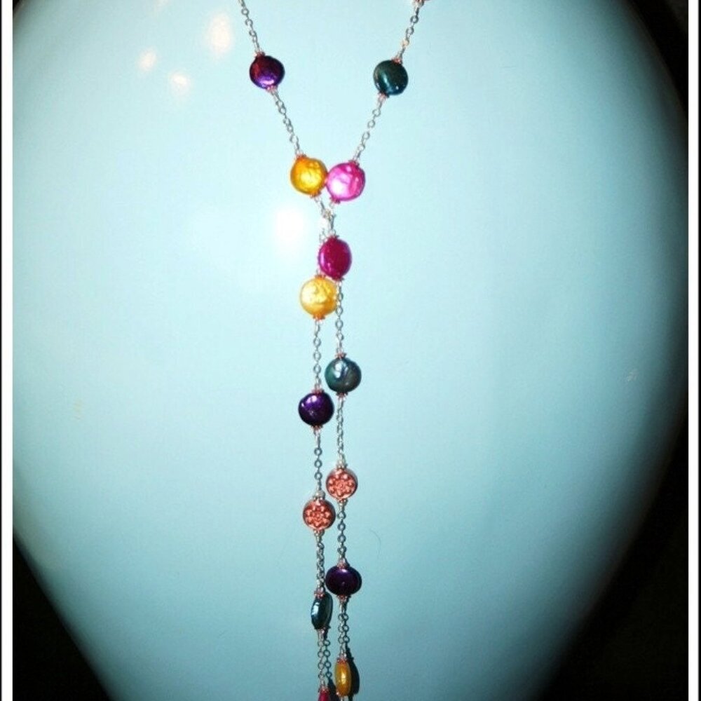Hand made necklace fresh water multi color pearls copper plated beads